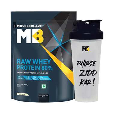 MuscleBlaze Raw Whey Protein 80% | Added Digestive Enzymes For Muscle Gain | No Added Sugar | Flavour Powder With Shaker 650ml Unflavored