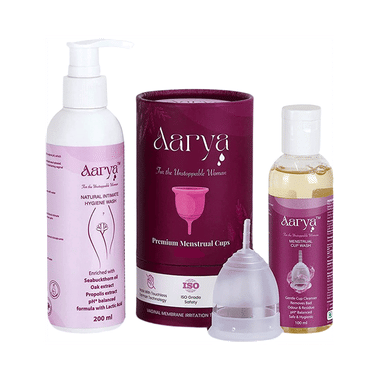 Aarya Combo Pack Of Natural Hygiene Intimate Wash (200ml), Menstrual Cup Wash Liquid (100ml) & 12 Hours Leakage Protection Menstrual Small
