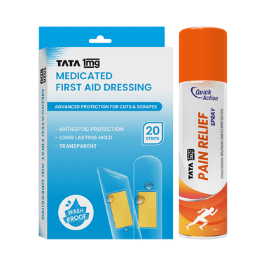 Combo Pack of Tata 1mg Pain Relief Spray (100gm) & Tata 1mg Medicated First Aid Dressing - Washproof, Bandages (20)