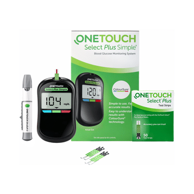 OneTouch Select Plus Combo Of Simple Glucometer With 10 Free Strips & 50 Test Strips
