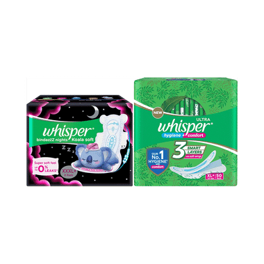Combo Pack of Whisper Ultra Clean with Herbal Oil Sanitary Pads XL+ (50 Each) & Whisper Bindazzz Nights Koala Soft Pads XXXL+ (8 Each)