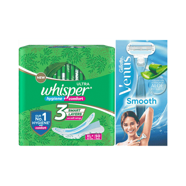 Combo Pack Of Whisper Ultra Clean With Herbal Oil Sanitary Pads XL+ (50 Each) & Gillette Venus Smooth Razor