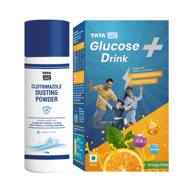 Combo Pack of Tata 1mg Glucose + Drink for Instant Energy Orange (500gm) & Tata 1mg Antifungal Dusting Powder (100gm)