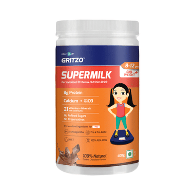 Gritzo Super Girl Milk Protein Weight+ For 8-12 Years | With Calcium & Vitamin D3 | Flavour Double Chocolate