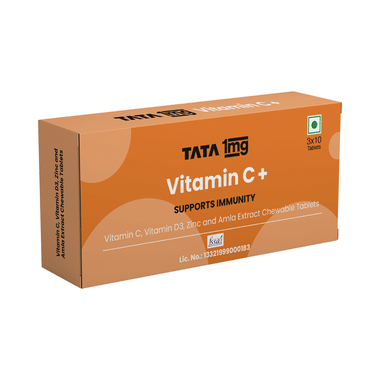 Tata 1mg Vitamin C + with Vitamin D3, Zinc and Amla Extract Chewable Tablet, Supports Immunity