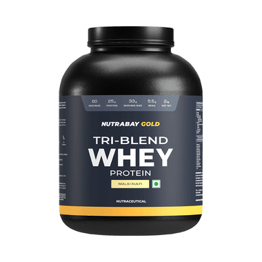 Nutrabay Gold Tri-Blend Whey Protein For Muscle Recovery & Immunity | No Added Sugar | Flavour Powder Malai Kulfi