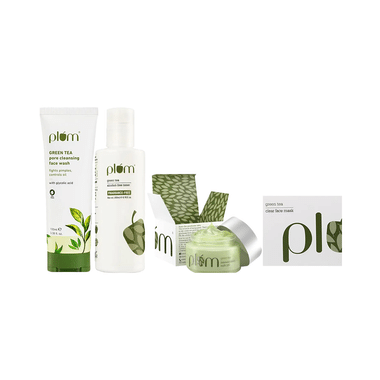 Plum Combo Pack of Green Tea Alcohol-Free Toner (200ml), Green Tea Pore Cleansing with Glycolic acid Face Wash (100ml), Green Tea Clear Face Mask(100gm) & Green Tea Renewed Clarity Night Gel (50ml)