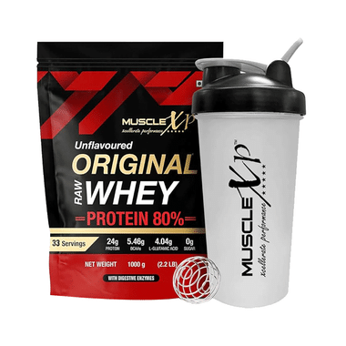MuscleXP Raw Whey Protein 80% With Digestive Enzymes | Zero Sugar | Flavour Unflavored With Shaker