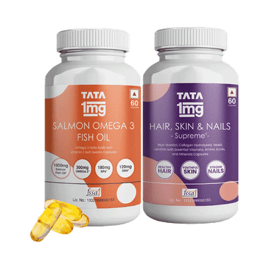 Combo Pack of Tata 1mg Salmon Omega 3 Fish Oil Capsule (60) & Tata 1mg Hair, Skin & Nails Supreme Biotin Capsule (60)