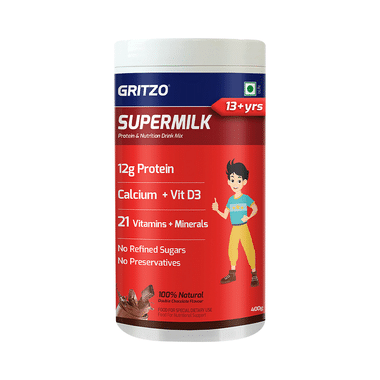 Gritzo SuperMilk For Active Kids, Protein Powder For Kids, High Protein (6 G), DHA, Calcium + D3, 21 Nutrients, No Refined Sugar, 100% Natural Double Chocolate Flavour 13+ Years Double Chocolate