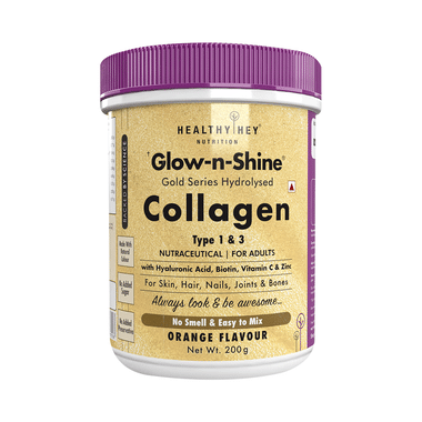 HealthyHey Nutrition Glow-N-Shine Gold Series Hydrolysed Collagen Type 1 & 3 For Skin, Hair, Nails, Bones & Joints | For Adults | Flavour Orange