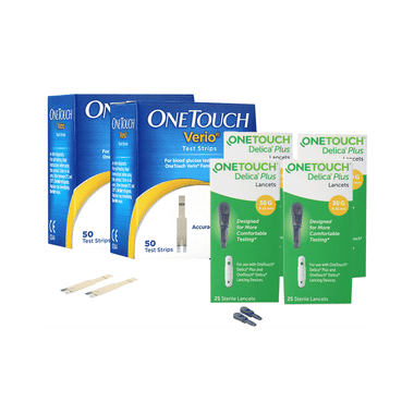 Combo Pack of 2 Box of OneTouch Verio Test Strip (50 Each) & 4 Box of OneTouch Delica Plus Lancet (25 Each)