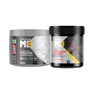 Muscleblaze Combo Pack Of Creatine Monohydrate & Pre-Workout 200 Xtreme (100gm Each) Unflavored & Fruit Punch