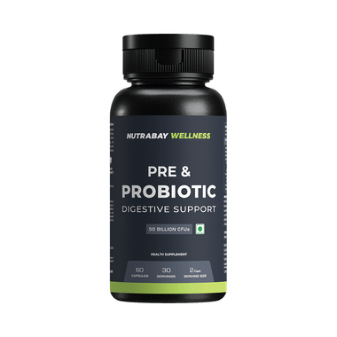 Nutrabay Wellness Pre & Probiotic 50 Billion CFUs Digestive Support | For Metabolism, Immunity & Gut Health | 50 Billion CFUs Capsule