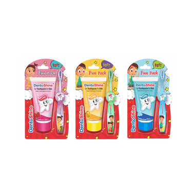 DentoShine Fun Pack For Kids Toothpaste (Strawberry, Mango & Bubble Gum) With Toothbrush (Purple, Blue And Green )