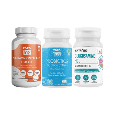 Combo Pack of Tata 1mg Glucosamine HCL 1500 mg Advanced Tablet (60),Salmon Omega 3 Fish Oil Advanced Capsule (60) & Probiotics 30 Billion CFUs+ Capsule (60)