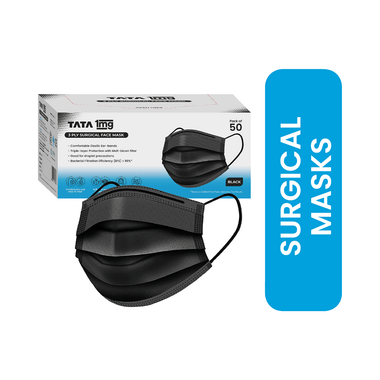 Tata 1mg 3 Ply Surgical Mask with Meltblown Filter and Nose Pin 50 Mask Black