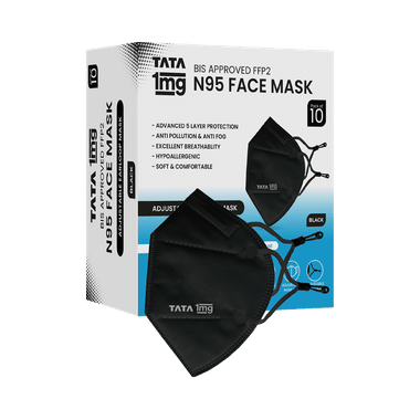 Tata 1mg BIS Approved FFP2 N95 Mask Black with Adjustable Ear Loop, Premium 5 Layered Face Mask 10 Mask