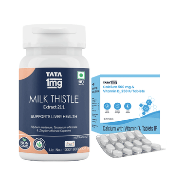 Combo Pack of Tata 1mg Milk Thistle Veg Capsule (60) & Tata 1mg Calcium 500mg & Vitamin D3 250IU Tablet (15)