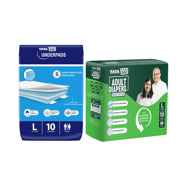 Combo Pack of Tata 1mg Premium Underpads & Tata 1mg Adult Diaper Pant Style Large (10 Each)