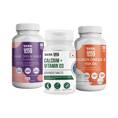 Combo Pack of Tata 1mg Calcium + Vitamin D3 Advanced Tablet (60), Salmon Omega 3 Fish Oil Capsule (60) and Hair, Skin & Nails Supreme Capsule (60)