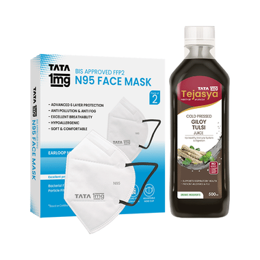 Combo Pack of Tata 1mg Tejasya Giloy Tulsi Juice (500ml) & Tata 1mg BIS Approved FFP2 N95 Mask White - Ear Loop, Premium Face Mask 6 Layers (2)