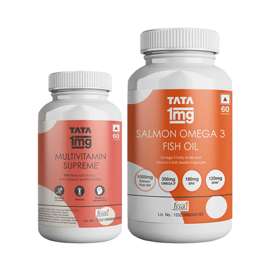Combo Pack of Tata 1mg Salmon Omega 3 Fish Oil Capsule & Tata 1mg Multivitamin Supreme, Zinc, Calcium and Vitamin D Capsule (60 Each)