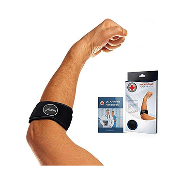 Dr. Arthritis Tennis & Golfer's Elbow Solution Support Strap Brace with Doctor Written Handbook Black