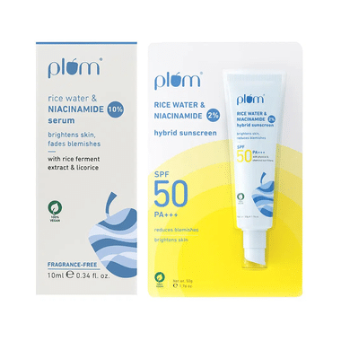 Plum Combo Pack of 2% Niacinamide & Rice Water Hybrid Face Sunscreen SPF 50 PA+++ (50gm) & Rice Water & 10% Niacinamide Serum (10ml)