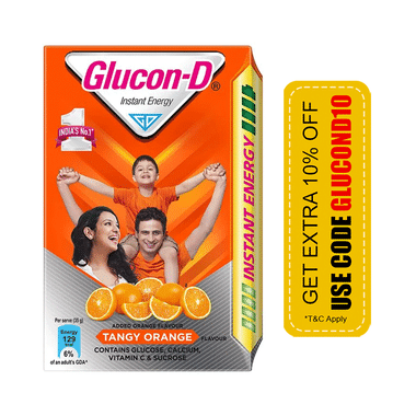 Glucon-D with Glucose, Calcium, Vitamin C & Sucrose | Flavour Tangy Orange