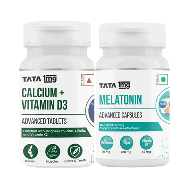 Combo Pack of Tata 1mg Calcium + Vitamin D3 Advanced Tablets (60) & Melatonin Advanced Capsules (30)