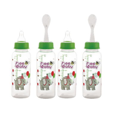 BeeBaby 2 In 1 Gentle Slim Neck Baby Feeding Bottle With Anti - Colic Gentle Touch Silicone Nipple And Feeder Spoon 8 Months + (250ml Each) Green