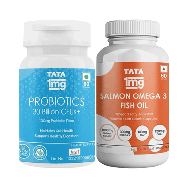 Combo Pack of Tata 1mg Salmon Omega 3 Fish Oil Capsule (60) & Probiotics 30 Billion CFUs+ Capsule (60)