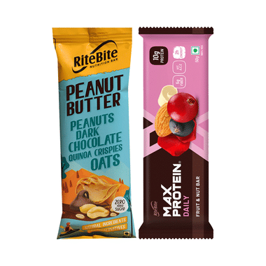 Combo Pack of Ritebite Max Protein Daily Fruit & Nuts Bar (50gm) & Peanut Butter Nutrition Bar (40gm)