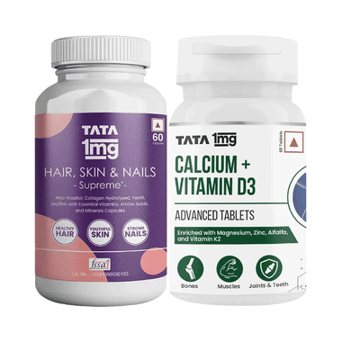 Combo Pack of Tata 1mg Calcium + Vitamin D3 Advanced Tablets & Hair, Skin & Nails Supreme Capsule (60 Each)