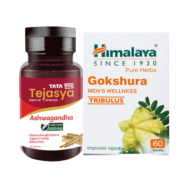 Combo Pack of Tata 1mg Tejasya Ashwagandha Capsule 500mg (60) & Himalaya Wellness Pure Herbs Gokshura Tablet (60)