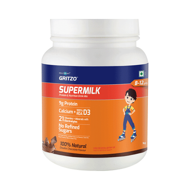 Gritzo SuperMilk For Active Kids, Protein Powder For Kids, High Protein (6 G), DHA, Calcium + D3, 21 Nutrients, No Refined Sugar, 100% Natural Double Chocolate Flavour 8-12 Years Double Chocolate