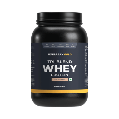 Nutrabay Gold Tri-Blend Whey Protein For Muscle Recovery & Immunity | No Added Sugar | Flavour Powder Cold Coffee