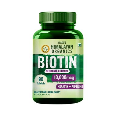 Vlado's Himalayan Organics Biotin 10000mcg | With Keratin & Piperine for Healthy Hair, Skin & Nails | Tablet