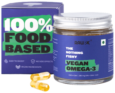 RawRX Vegan Omega 3 Fatty Acid Capsule | 280 mg EPA + DHA + ALA Formula for Heart, Hair & Joints Capsule
