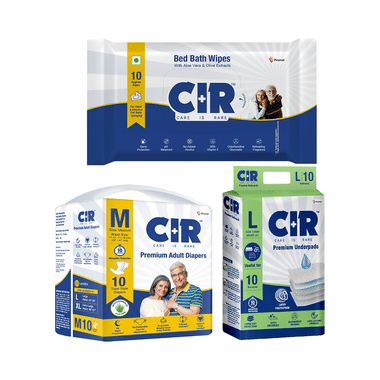 Combo Pack of CIR Premium Adult Unisex Diaper with Aloe Vera Medium (10) & Bed bath Wipe (10) & Premium Underpad Large (10)