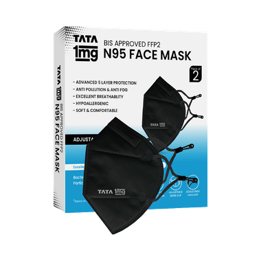 Tata 1mg BIS Approved FFP2 N95 Mask Black with Adjustable Ear Loop, Premium 5 Layered Face Mask 2 Mask