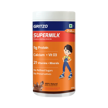 Gritzo SuperMilk For Active Kids, Protein Powder For Kids, High Protein (6 G), DHA, Calcium + D3, 21 Nutrients, No Refined Sugar, 100% Natural Double Chocolate Flavour 7-12 Yrs