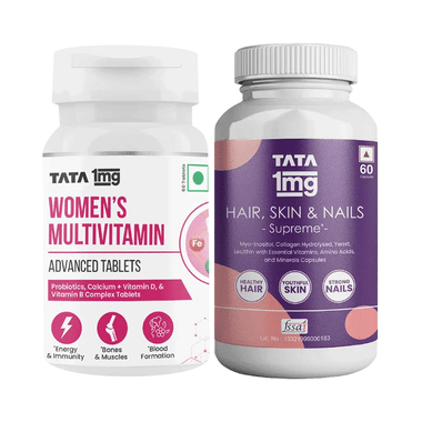 Combo Pack of Tata 1mg Women's Multivitamin Advanced Tablet & Hair, Skin & Nails Supreme Capsule (60 Each)