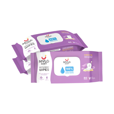 Mylo Baby Gentle Wipes with 98% Pure Water, Coconut Oil & Neem (80 Each) with Lid