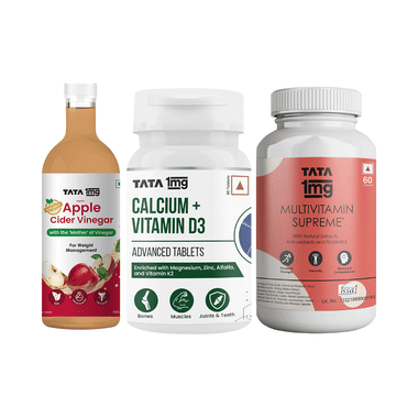 Combo Pack of Tata 1mg Multivitamin Supreme Capsule (60),Calcium+Vitamin D3 Advance Tablet (60) & Organic Apple Cider Vinegar (500ml)