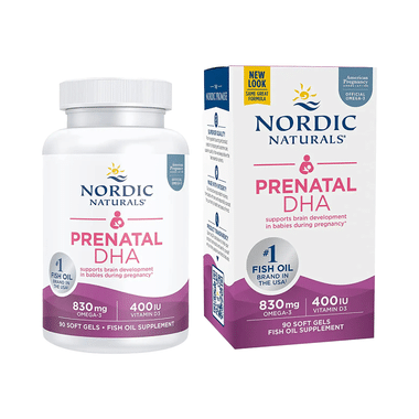 Nordic Naturals Prenatal DHA Omega 3 830mg + D3  400 I.U. Soft Gels for Brain Development in Babies
