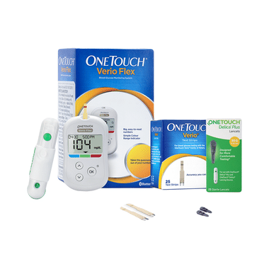 OneTouch Combo Pack Of Erio Flex Glucometer (Box Of 10 Test Strips Free), Verio Test Strip (Only Strips) & Delica Plus Lancets (Only Lancets) 30G