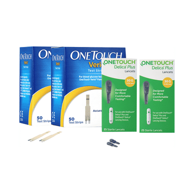 Combo Pack of 2 Box of OneTouch Verio Test Strip (50 Each) & 2 Box of OneTouch Delica Plus Lancet (25 Each)