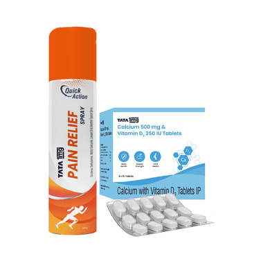 Combo Pack Of Tata 1mg Pain Relief Spray (100gm) & Tata 1mg Calcium 500mg & Vitamin D3 250IU Tablet (15)